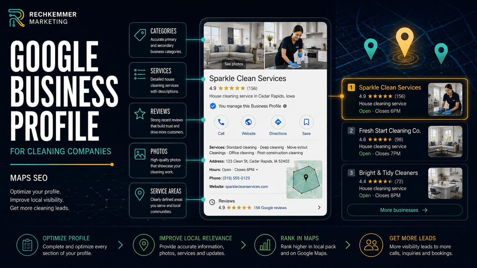 Google Business Profile for cleaning companies graphic showing categories, services, reviews, photos, and service areas connecting to stronger Google Maps visibility and local rankings.